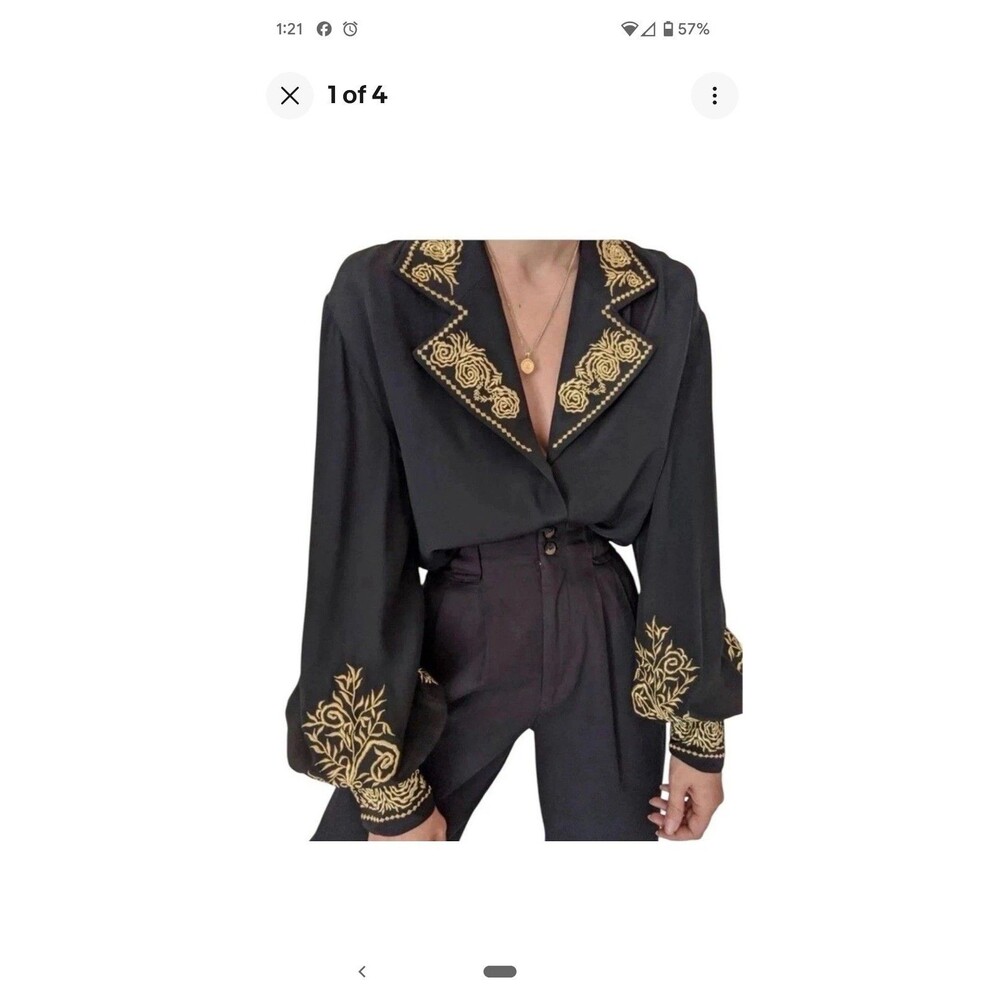 NWT Vtg DVF 100% Silk Blouse Sz L Ivory Gold Floral Embroidery Luxury Designer - Picture 3 of 15